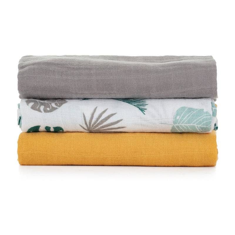 Set 3 scutece, Petite&Mars, Moussy Ochre Leaves, Din muselina de bambus, Hipoalergenice, 68 x 68 cm, Certificate Oeko Tex Standard 100, Multicolor - gogobaby.ro