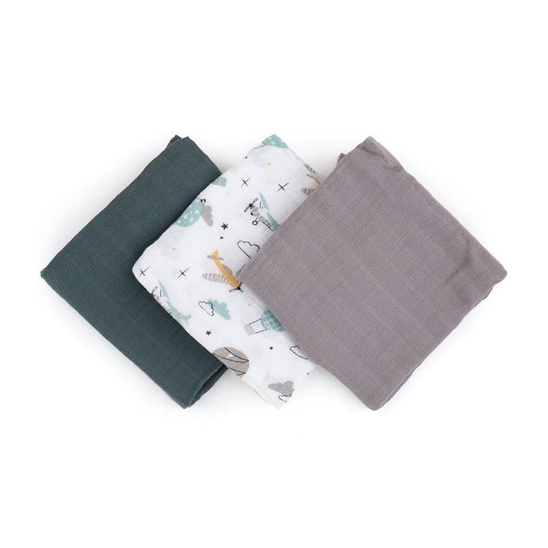 Set 3 scutece, Petite&Mars, Moussy Grey Planes, Din muselina de bambus, Hipoalergenice, 68 x 68 cm, Certificate Oeko Tex Standard 100, Multicolor - gogobaby.ro
