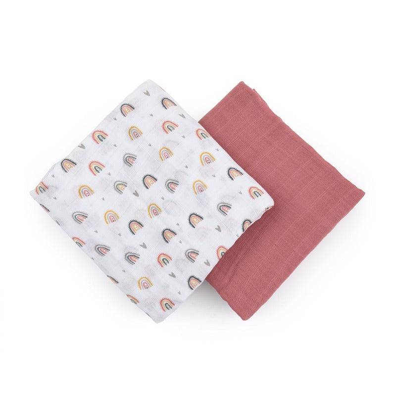 Set 2 scutece, Petite&Mars, Misty Rose Rainbow, Din muselina de bambus, Hipoalergenice, Dimensiuni mari 120 x 120 cm, Certificate Oeko Tex Standard 100, Multicolor - gogobaby.ro