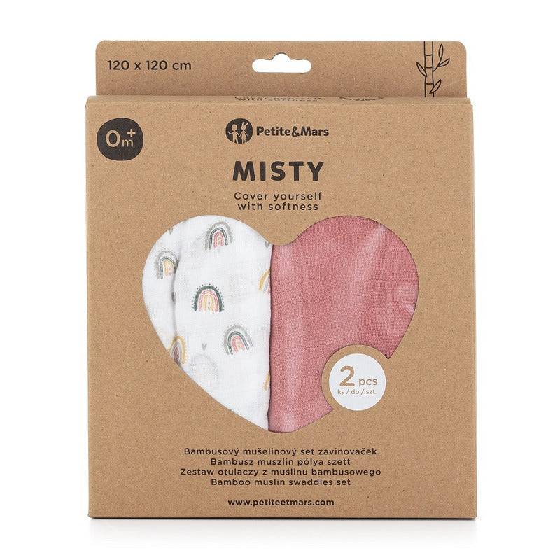 Set 2 scutece, Petite&Mars, Misty Rose Rainbow, Din muselina de bambus, Hipoalergenice, Dimensiuni mari 120 x 120 cm, Certificate Oeko Tex Standard 100, Multicolor - gogobaby.ro