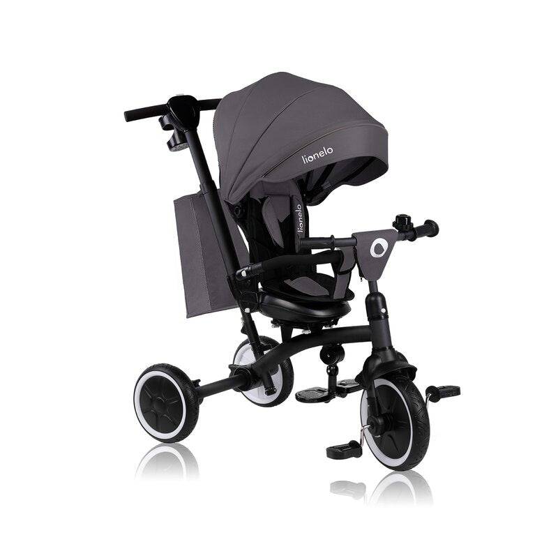 Tricicleta copii, Lionelo, Tris Plus, Ultrapliabila, Multifunctionala, Pana la 25 kg, Inclinare spatar in fata si in spate, Suport picioare, Control al directiei, Scaun reversibil, Rotire 360 grade, Conform cu EN71, 9 luni-5 ani, Gri - gogobaby.ro