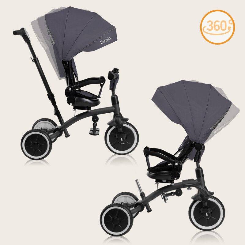Tricicleta copii, Lionelo, Tris Plus, Ultrapliabila, Multifunctionala, Pana la 25 kg, Inclinare spatar in fata si in spate, Suport picioare, Control al directiei, Scaun reversibil, Rotire 360 grade, Conform cu EN71, 9 luni-5 ani, Gri - gogobaby.ro