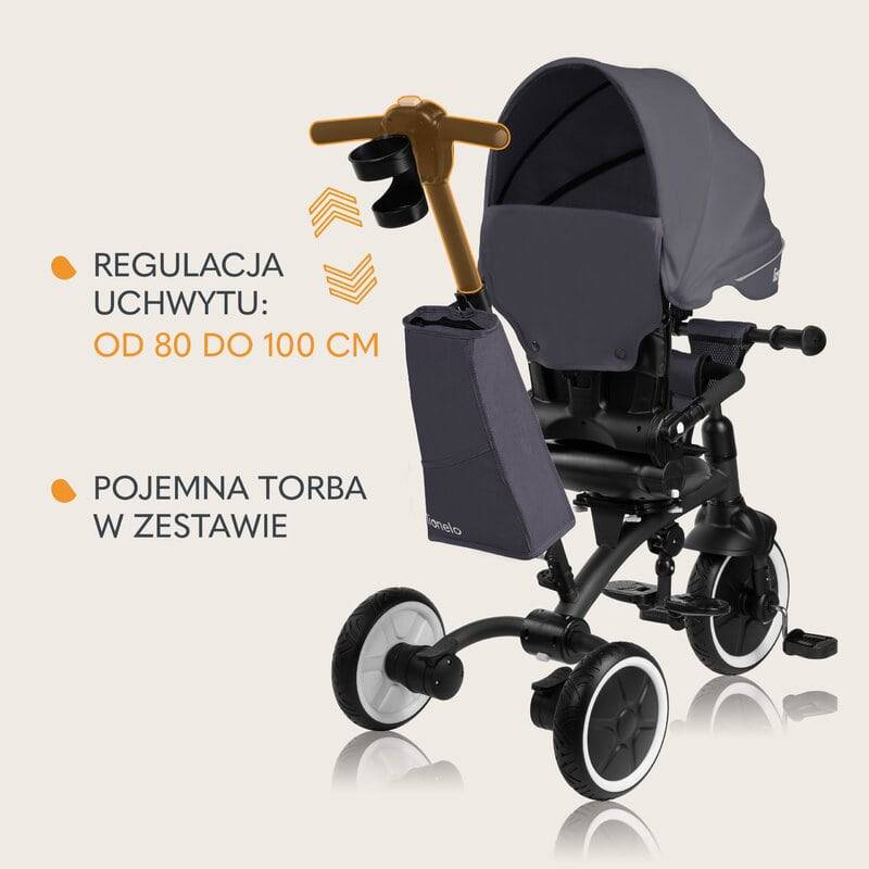Tricicleta copii, Lionelo, Tris Plus, Ultrapliabila, Multifunctionala, Pana la 25 kg, Inclinare spatar in fata si in spate, Suport picioare, Control al directiei, Scaun reversibil, Rotire 360 grade, Conform cu EN71, 9 luni-5 ani, Gri - gogobaby.ro