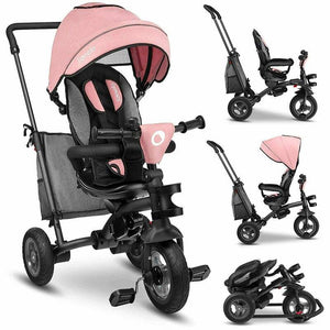 Tricicleta copii, Lionelo, Tris, Ultrapliabila, Multifunctionala. Mecanism de pedalare libera, Suport picioare, Control al directiei, Scaun reversibil, Rotire 360 grade, Conform cu standardul europeane de securitate EN71, Roz/Gri - gogobaby.ro