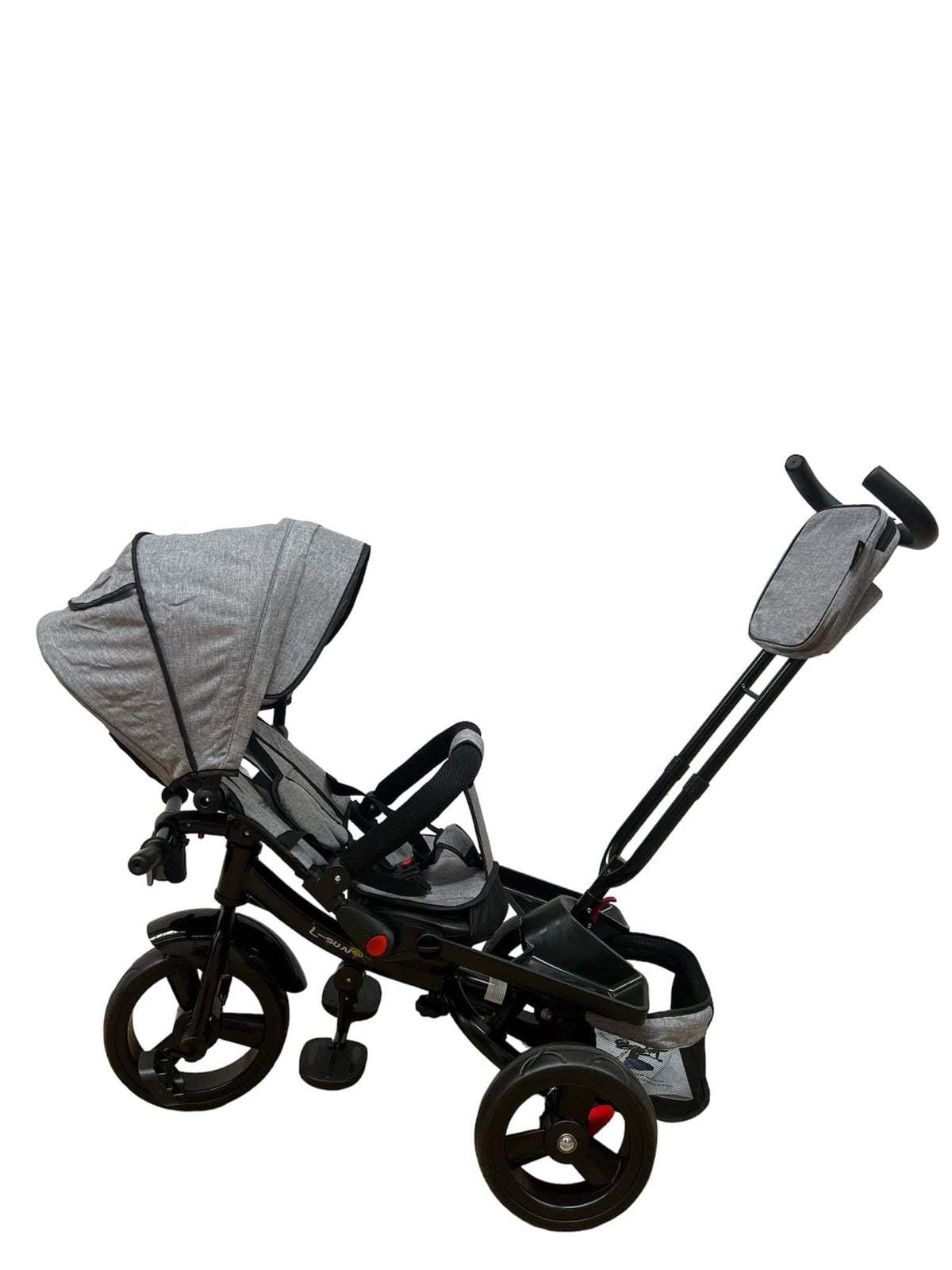 Tricicleta evolutiva, L sun Star, Semipliabila,Pozitie de somn generoasa, Scaun rotativ, Muzicala, Lumini led, Geanta Mamici, Coș jucarii, GRI - gogobaby.ro