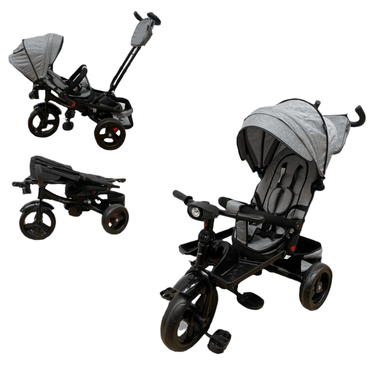 Tricicleta evolutiva, L sun Star, Semipliabila,Pozitie de somn generoasa, Scaun rotativ, Muzicala, Lumini led, Geanta Mamici, Coș jucarii, GRI - gogobaby.ro