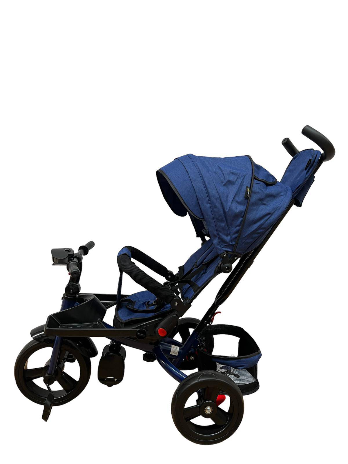 Tricicleta evolutiva, L sun Star, Semipliabila,Pozitie de somn generoasa, Scaun rotativ, Muzicala, Lumini led, Geanta Mamici, Coș jucarii, ALBASTRU - gogobaby.ro