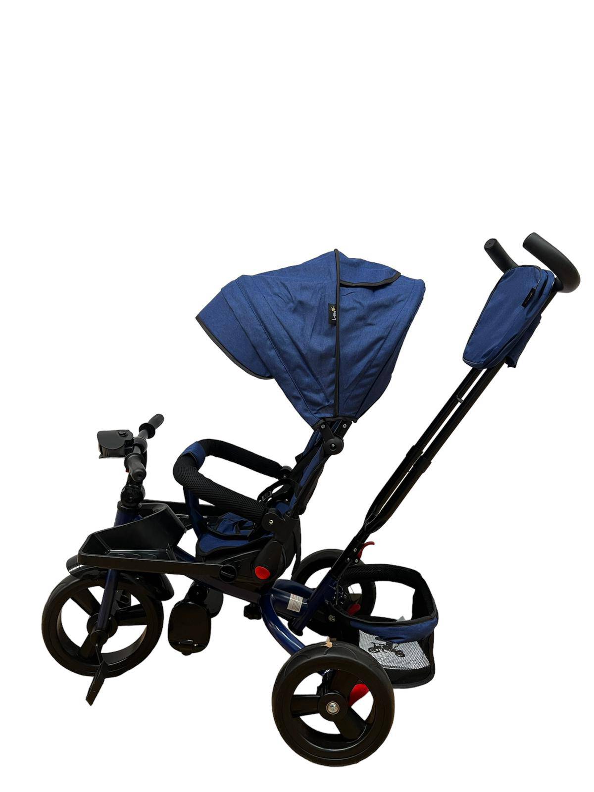 Tricicleta evolutiva, L sun Star, Semipliabila,Pozitie de somn generoasa, Scaun rotativ, Muzicala, Lumini led, Geanta Mamici, Coș jucarii, ALBASTRU - gogobaby.ro