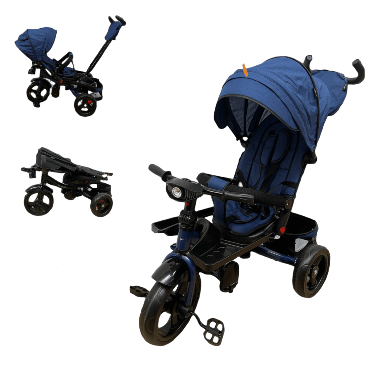 Tricicleta evolutiva, L sun Star, Semipliabila,Pozitie de somn generoasa, Scaun rotativ, Muzicala, Lumini led, Geanta Mamici, Coș jucarii, ALBASTRU - gogobaby.ro