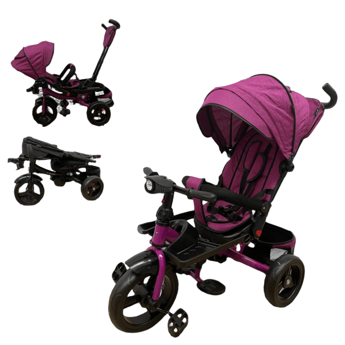 Tricicleta evolutiva, L sun Star, Semipliabila,Pozitie de somn generoasa, Scaun rotativ, Muzicala, Lumini led, Geanta Mamici, Coș jucarii, MOV - gogobaby.ro