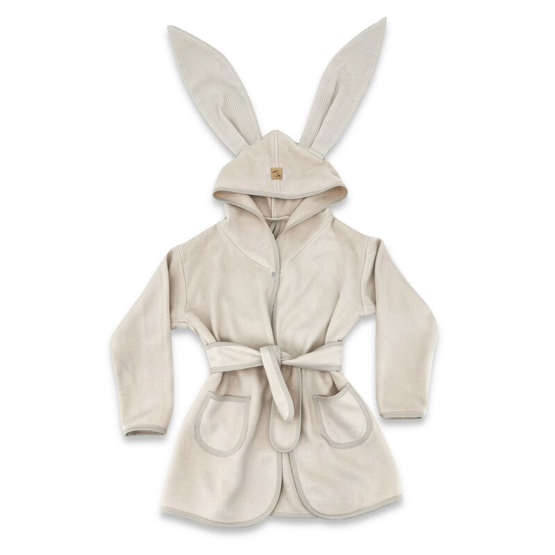 Halat de baie, Qmini, Cu urechi, S, 6 - 24 luni, Moale, Cu buzunare, Cu cordon, Din tricot termo-terry din bambus, Materiale certificate Oeko Tex Standard 100, Beige