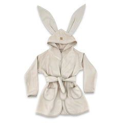 Halat de baie, Qmini, Cu urechi, S, 6 - 24 luni, Moale, Cu buzunare, Cu cordon, Din tricot termo-terry din bambus, Materiale certificate Oeko Tex Standard 100, Beige