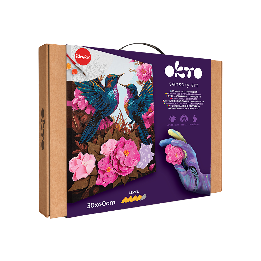 Set pictura si modelare 3D cu argila usoara, 30*40 cm - Hummingbirds in love