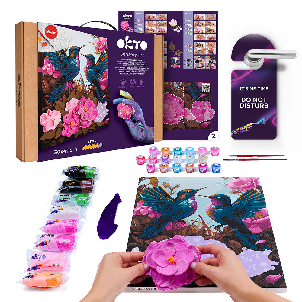 Set pictura si modelare 3D cu argila usoara, 30*40 cm - Hummingbirds in love