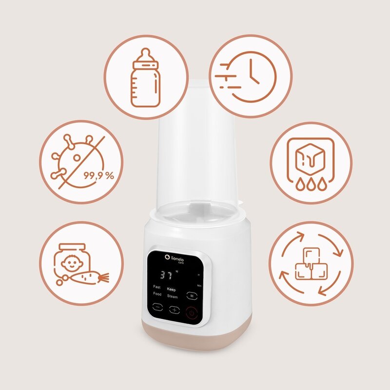 Incalzitor biberoane, Lionelo, ThermUp 3.0, 6 in 1, Incalzire, Decongelare, Sterilizare, Mentinerea temperaturii, 400 W, 35-100°C, Panou de comanda tactil, Fara BPA, Oprire automata, Placa de incalzire din teflon, Alb