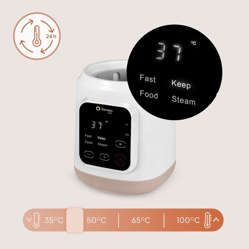Incalzitor biberoane, Lionelo, ThermUp 3.0, 6 in 1, Incalzire, Decongelare, Sterilizare, Mentinerea temperaturii, 400 W, 35-100°C, Panou de comanda tactil, Fara BPA, Oprire automata, Placa de incalzire din teflon, Alb