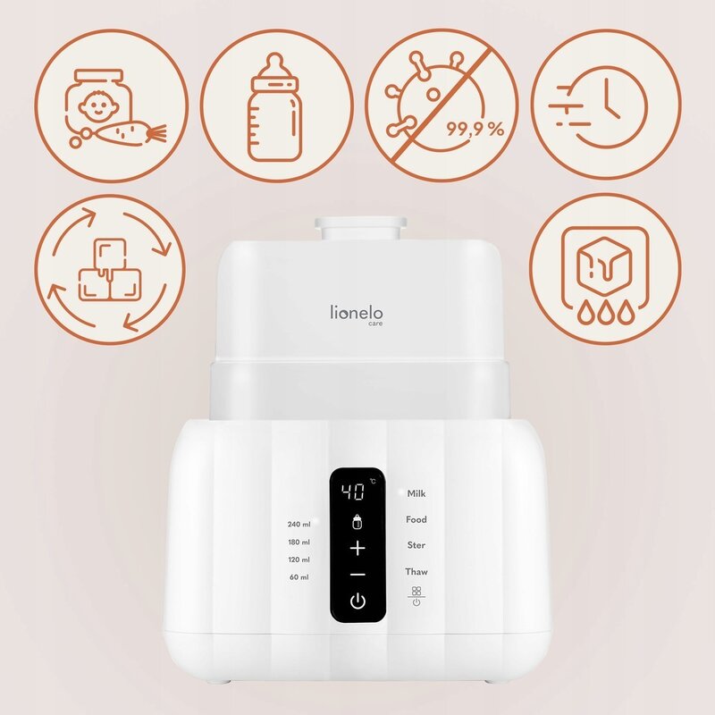 Incalzitor biberoane, Lionelo, ThermUp Duo, 6 moduri de operare, Incalzire, Pastrare temperatura, Decongelare, Senzor pentru temperatura, Oprire automata, Panou tactil, Pentru 2 biberoane simultan, fara BPA, Alb