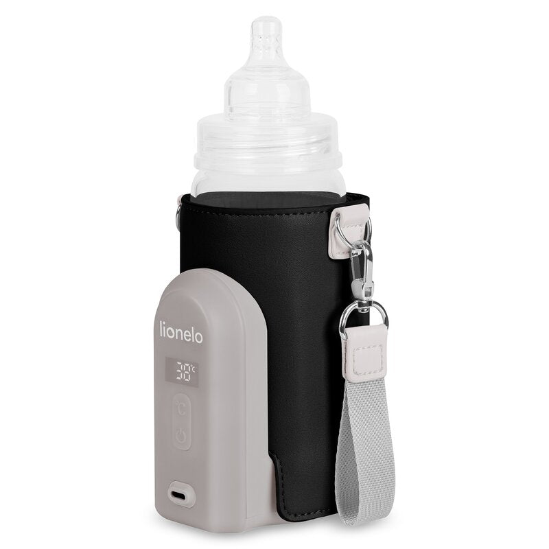 Incalzitor biberoane, Lionelo, ThermUp Go Evo, Portabil, Cu 5 niveluri de incalzire, Cu buton Safety Control, Mentinere caldura pana la 9h, Incarcare USB, Negru