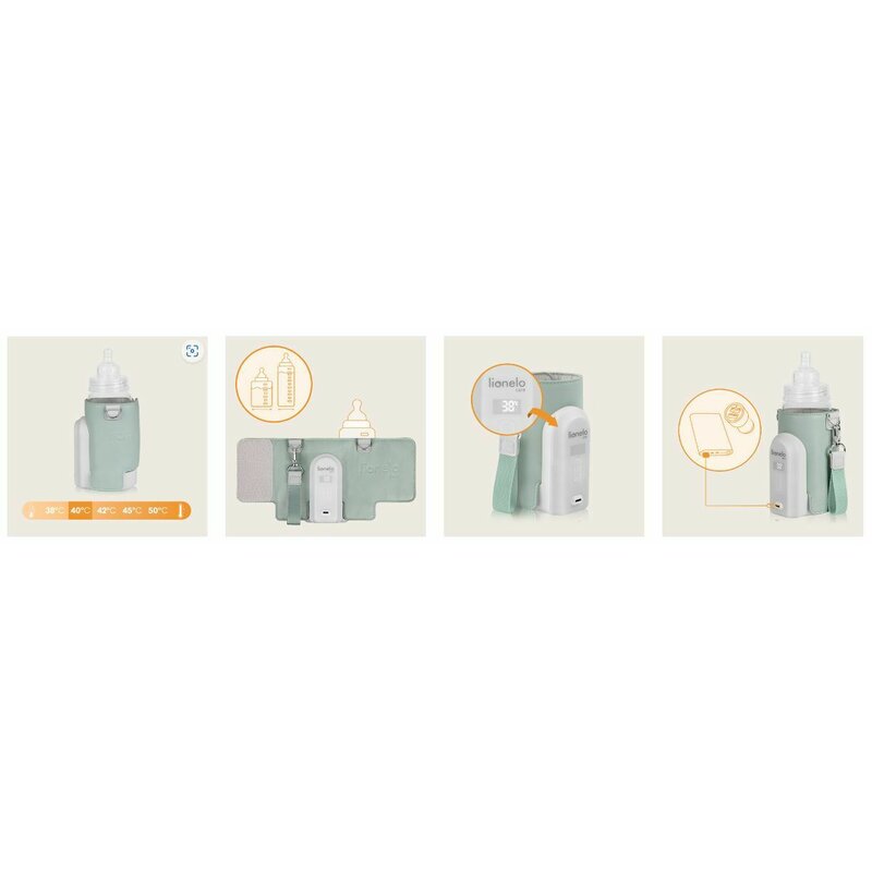 Incalzitor biberoane, Lionelo, ThermUp Go Evo, Portabil, Cu 5 niveluri de incalzire, Cu buton Safety Control, Mentinere caldura pana la 9h, Incarcare USB, Verde