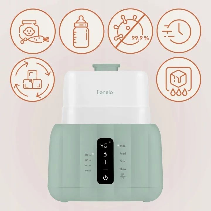 Incalzitor biberoane si sterilizator, Lionelo, ThermUp Duo, 6 moduri de operare, Incalzire, Sterilizare, Pastrare temperatura, Decongelare, Senzor pentru temperatura, Pentru 2 biberoane simultan, fara BPA, Verde