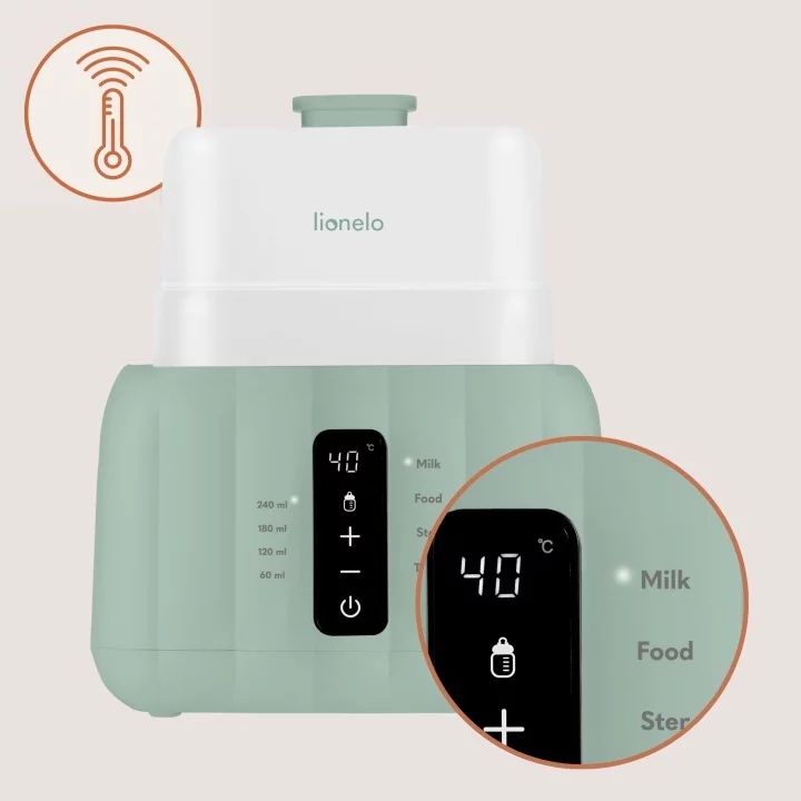 Incalzitor biberoane si sterilizator, Lionelo, ThermUp Duo, 6 moduri de operare, Incalzire, Sterilizare, Pastrare temperatura, Decongelare, Senzor pentru temperatura, Pentru 2 biberoane simultan, fara BPA, Verde