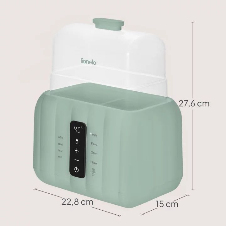 Incalzitor biberoane si sterilizator, Lionelo, ThermUp Duo, 6 moduri de operare, Incalzire, Sterilizare, Pastrare temperatura, Decongelare, Senzor pentru temperatura, Pentru 2 biberoane simultan, fara BPA, Verde