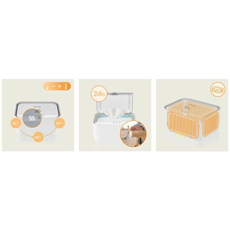 Incalzitor servetele umede, Lionelo, Babybliss, Cu 3 setari de temperatura, Loc suficient pentru un intreg pachet de servetele umede, Panou de control cu ecran tactil, Fara BPA, White