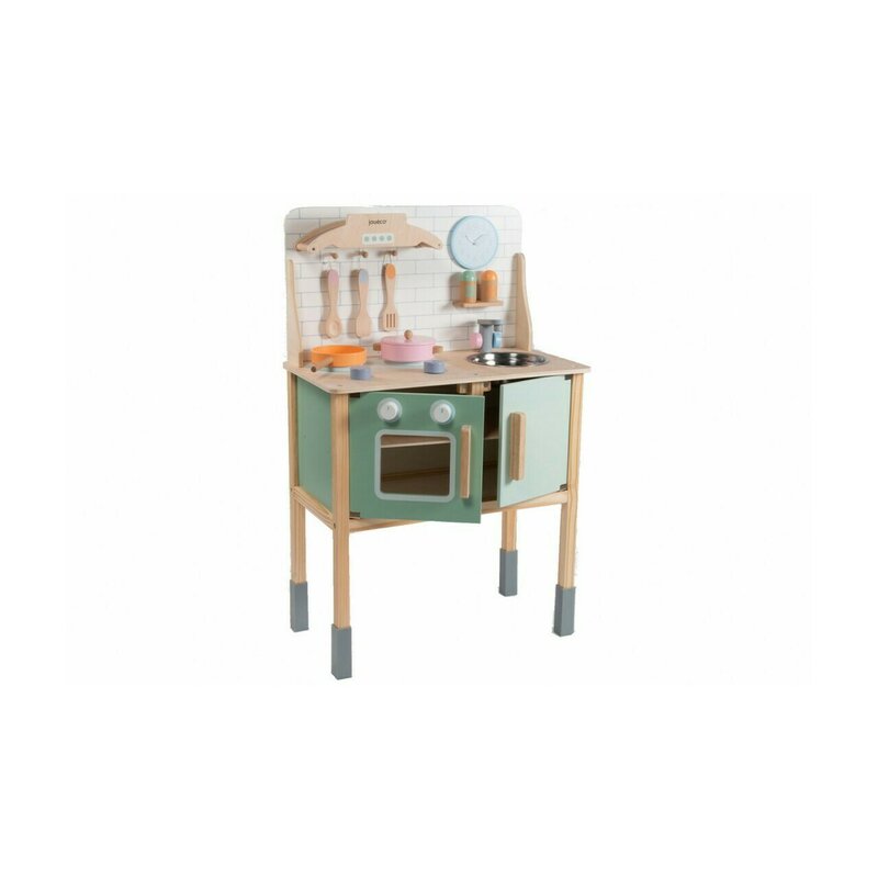 Bucatarie copii, Joueco, Din lemn certificat FSC, Cu accesorii, Reglabila pe inaltime, 86x56 cm, 3 ani+, Multicolor
