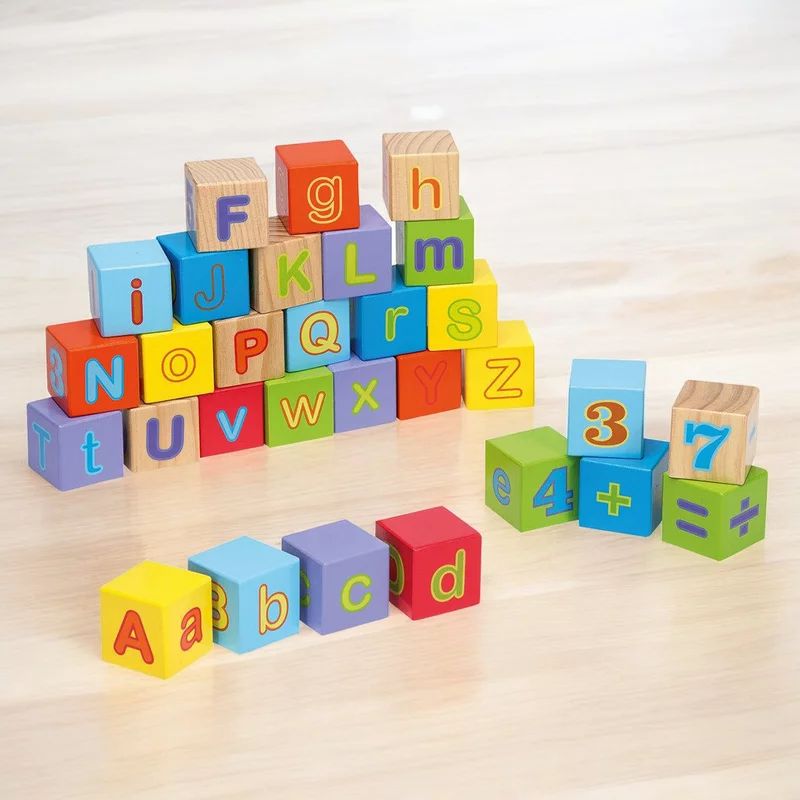 Cuburi educative, Joueco, Alfabetul, 30 piese, Din lemn certificat FSC, 12 luni+, Multicolor