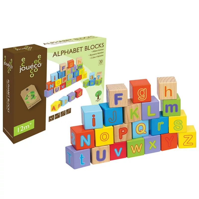 Cuburi educative, Joueco, Alfabetul, 30 piese, Din lemn certificat FSC, 12 luni+, Multicolor