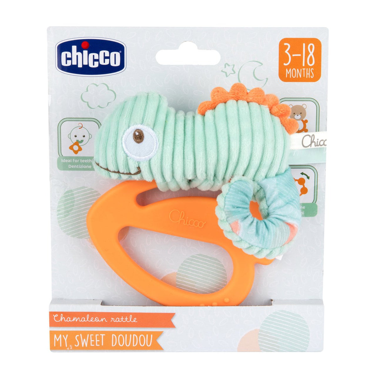 Jucarie 2 in 1 Chicco Cameleon My Sweet DouDou, zornaitoare si inel gingival, 3luni+ - gogobaby.ro