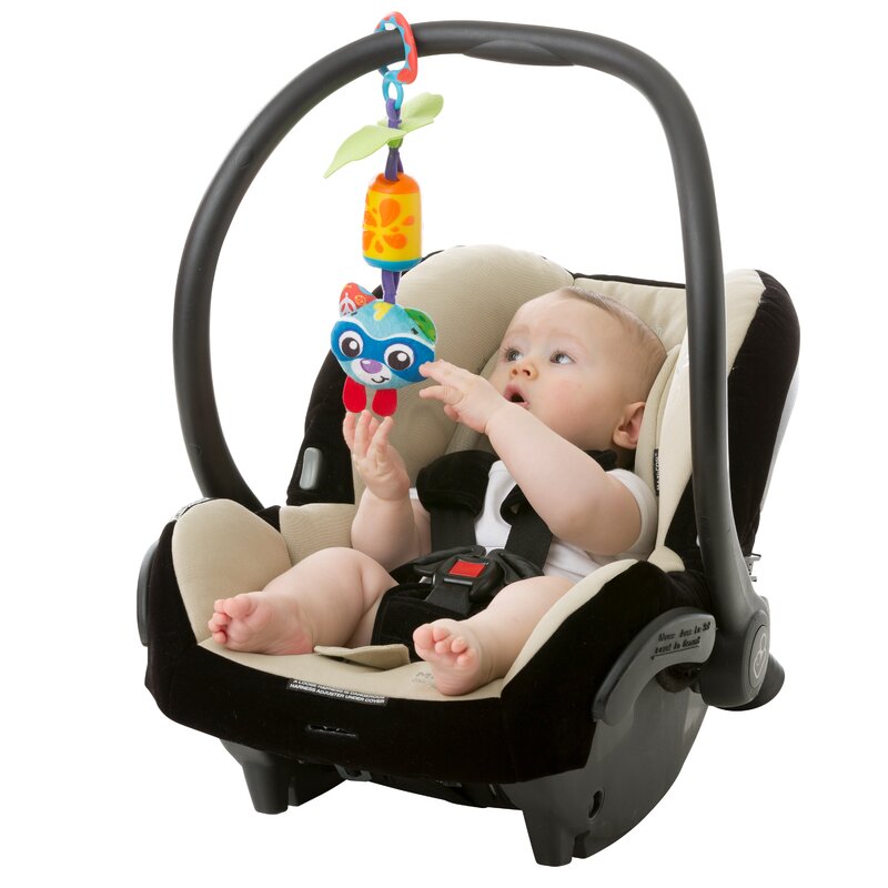 Jucarie carucior sau scaun auto, Playgro, Dezvolta abilitatile motorii, Culori luminoase, Cu clopotel, Fara BPA, 0 luni+, Cheeky Chime Rocky Racoon