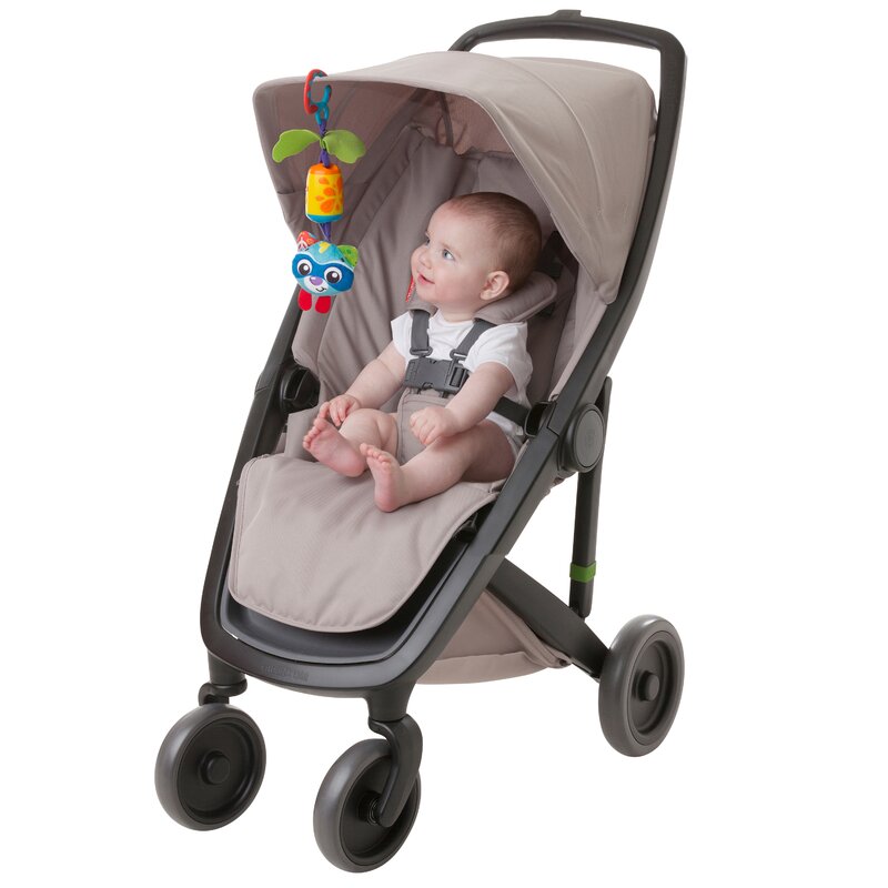 Jucarie carucior sau scaun auto, Playgro, Dezvolta abilitatile motorii, Culori luminoase, Cu clopotel, Fara BPA, 0 luni+, Cheeky Chime Rocky Racoon