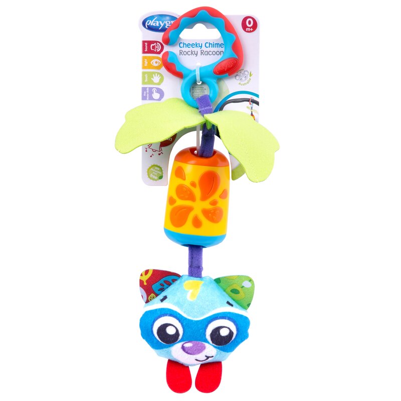 Jucarie carucior sau scaun auto, Playgro, Dezvolta abilitatile motorii, Culori luminoase, Cu clopotel, Fara BPA, 0 luni+, Cheeky Chime Rocky Racoon