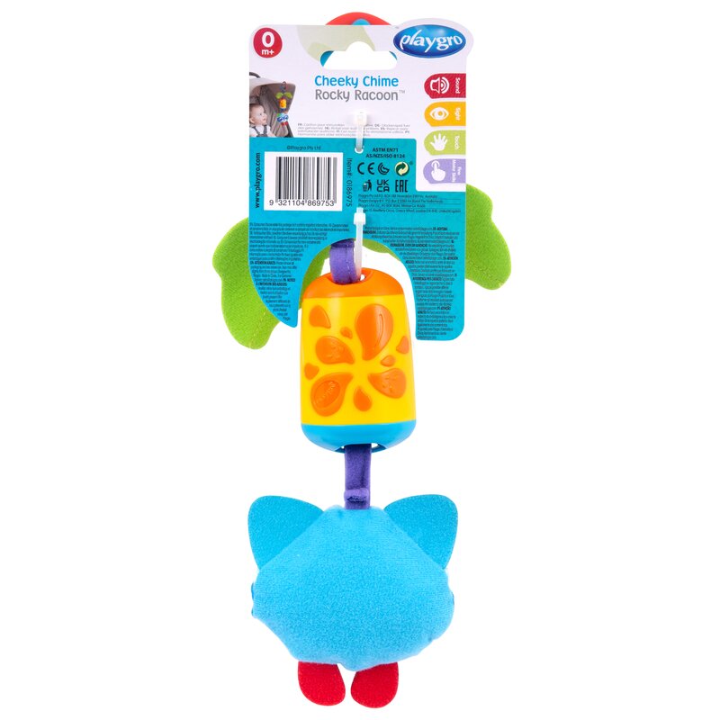 Jucarie carucior sau scaun auto, Playgro, Dezvolta abilitatile motorii, Culori luminoase, Cu clopotel, Fara BPA, 0 luni+, Cheeky Chime Rocky Racoon