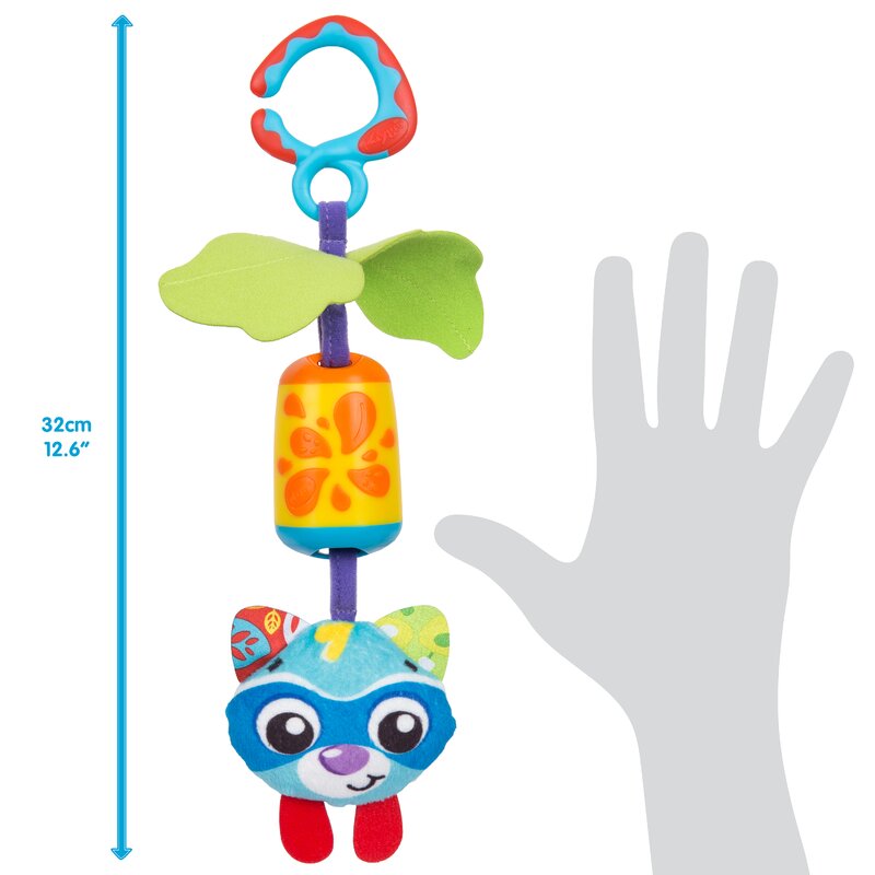 Jucarie carucior sau scaun auto, Playgro, Dezvolta abilitatile motorii, Culori luminoase, Cu clopotel, Fara BPA, 0 luni+, Cheeky Chime Rocky Racoon