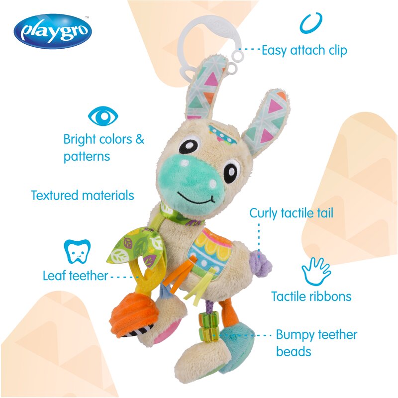 Jucarie carucior sau scaun auto, Playgro, Cu inele pentru dentitie, Cu diverse forme si texturi, Cu sunete si zornaieli, Dezvolta abilitatile motorii si imaginatia, 0 luni+, Sensory Friend Lupe Llama - gogobaby.ro