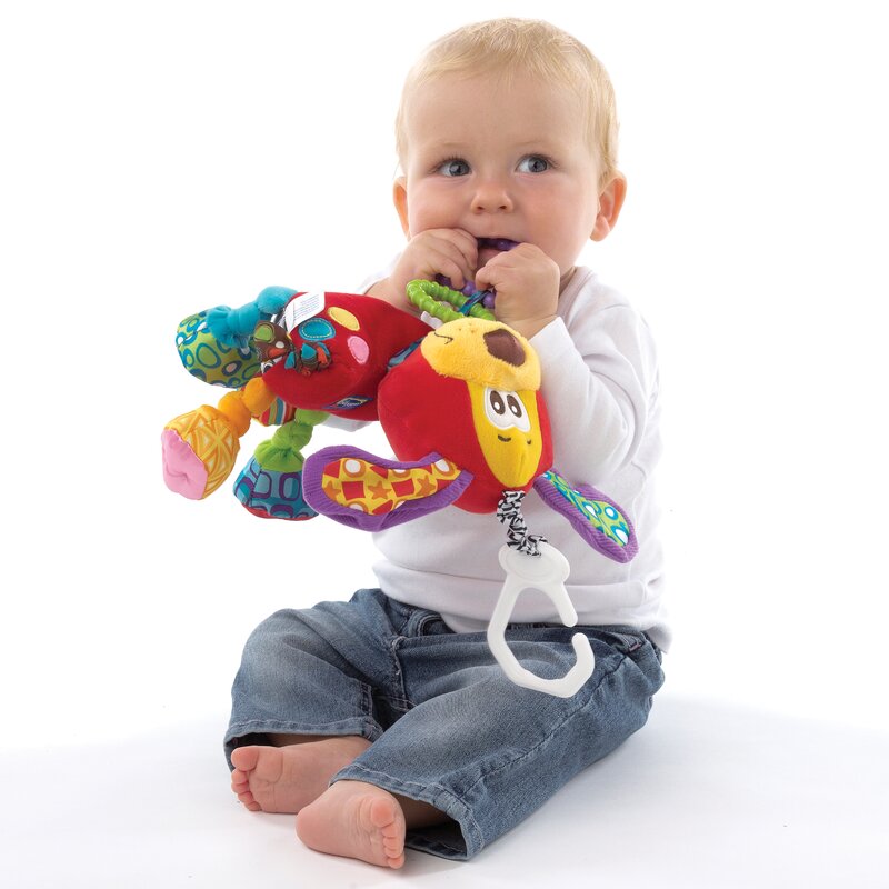 Jucarie carucior sau scaun auto, Playgro, Cu inele pentru dentitie, Cu diverse forme si texturi, Cu sunete si zornaieli, Dezvolta abilitatile motorii si imaginatia, 0 luni+, Activity Friend Pooky Puppy - gogobaby.ro