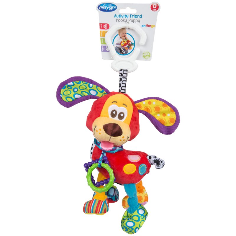 Jucarie carucior sau scaun auto, Playgro, Cu inele pentru dentitie, Cu diverse forme si texturi, Cu sunete si zornaieli, Dezvolta abilitatile motorii si imaginatia, 0 luni+, Activity Friend Pooky Puppy - gogobaby.ro