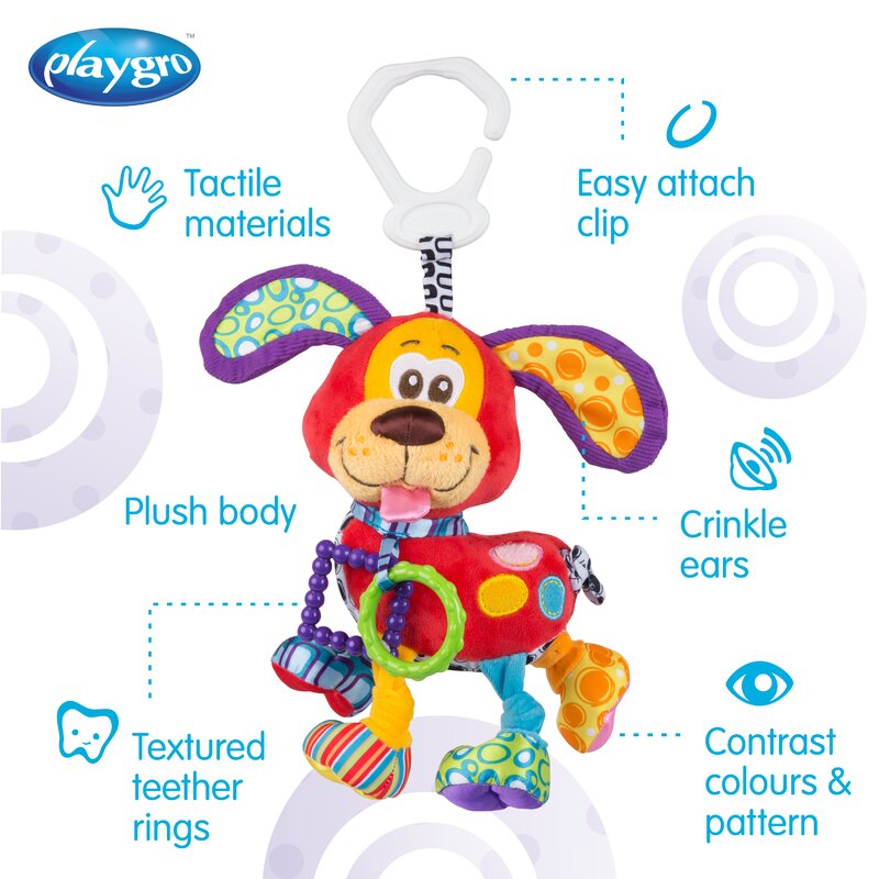 Jucarie carucior sau scaun auto, Playgro, Cu inele pentru dentitie, Cu diverse forme si texturi, Cu sunete si zornaieli, Dezvolta abilitatile motorii si imaginatia, 0 luni+, Activity Friend Pooky Puppy - gogobaby.ro