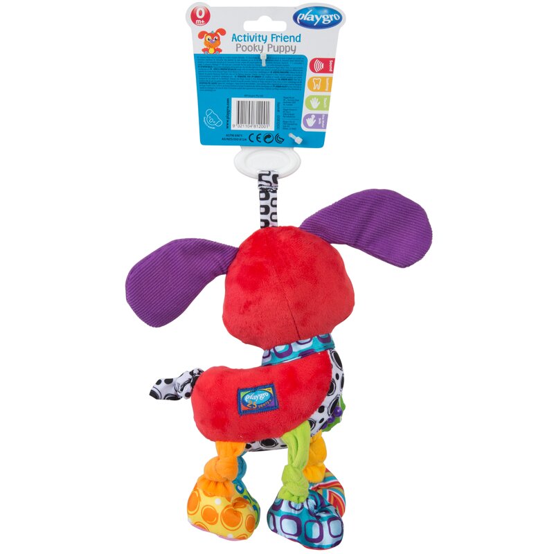 Jucarie carucior sau scaun auto, Playgro, Cu inele pentru dentitie, Cu diverse forme si texturi, Cu sunete si zornaieli, Dezvolta abilitatile motorii si imaginatia, 0 luni+, Activity Friend Pooky Puppy - gogobaby.ro