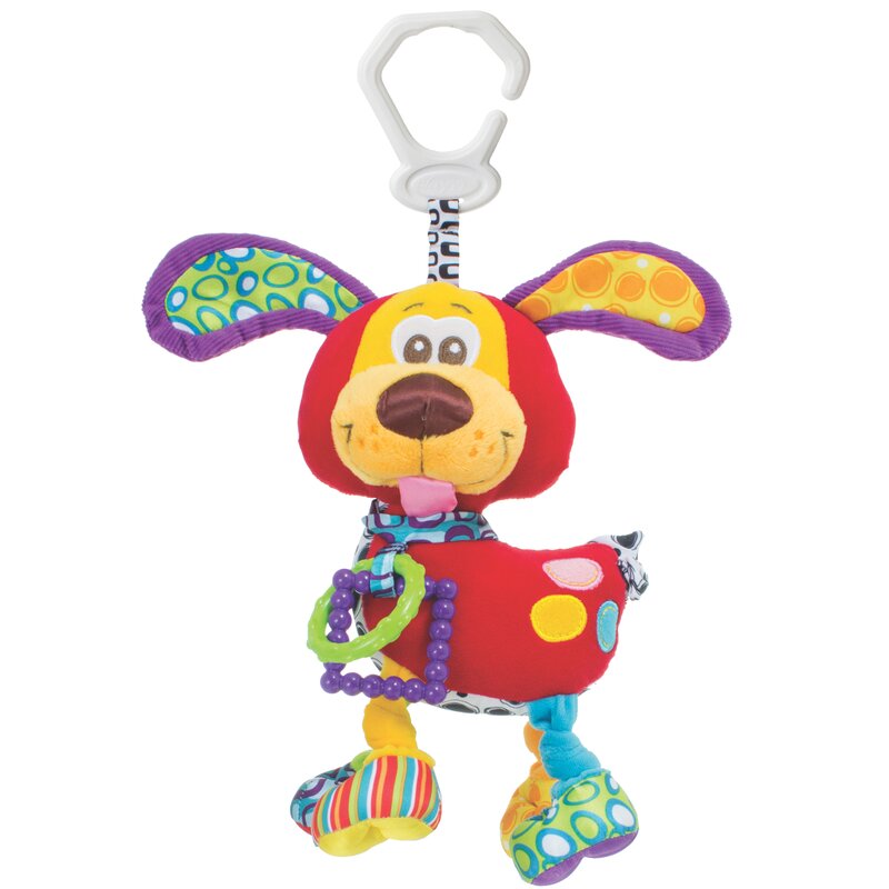 Jucarie carucior sau scaun auto, Playgro, Cu inele pentru dentitie, Cu diverse forme si texturi, Cu sunete si zornaieli, Dezvolta abilitatile motorii si imaginatia, 0 luni+, Activity Friend Pooky Puppy - gogobaby.ro