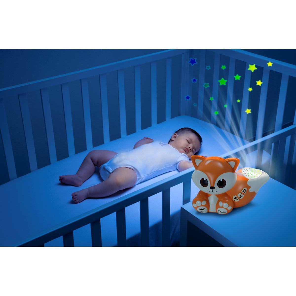 Jucarie Chicco 2 in 1 pentru carucior si lampa de veghe Vulpita Foxy, 0 luni+