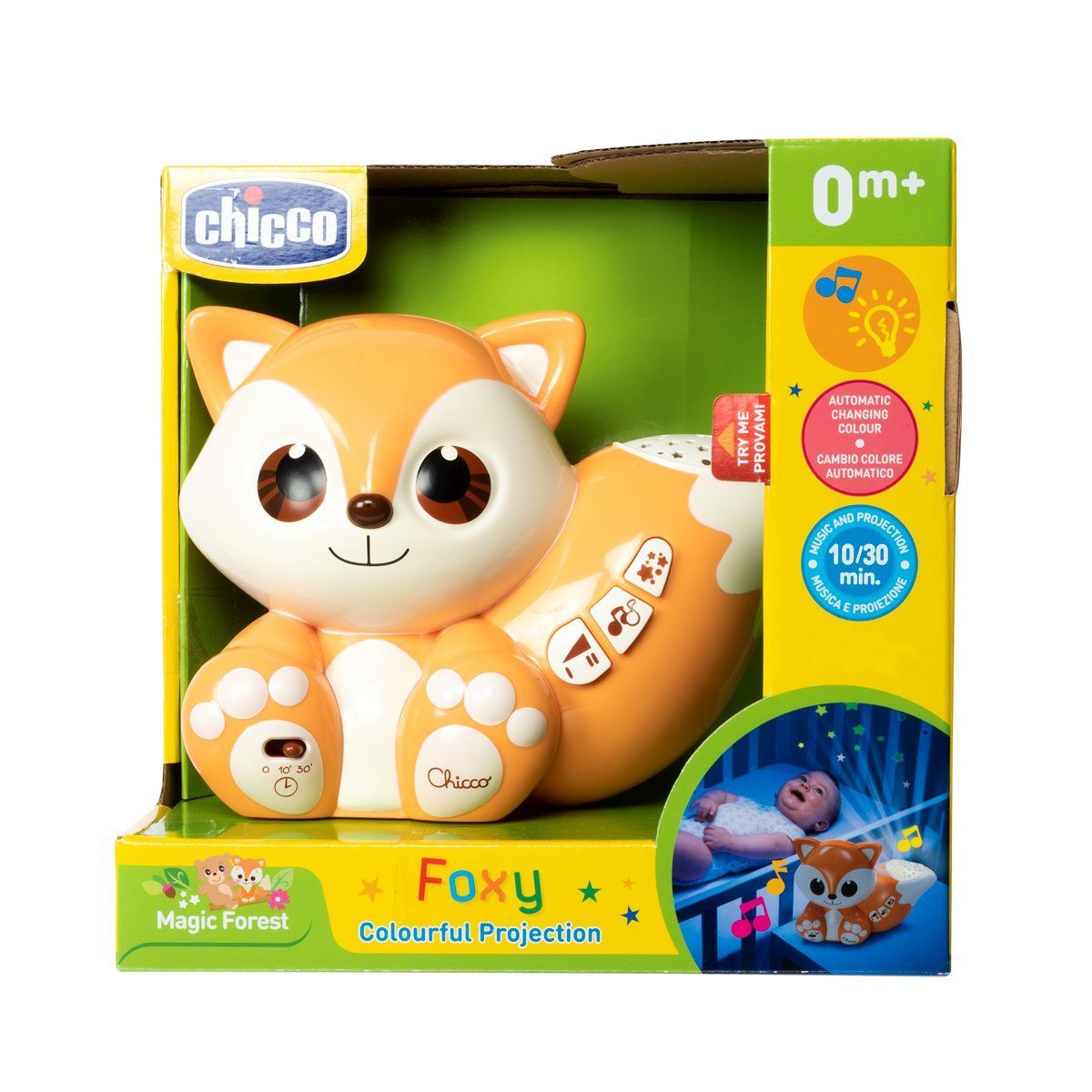 Jucarie Chicco 2 in 1 pentru carucior si lampa de veghe Vulpita Foxy, 0 luni+