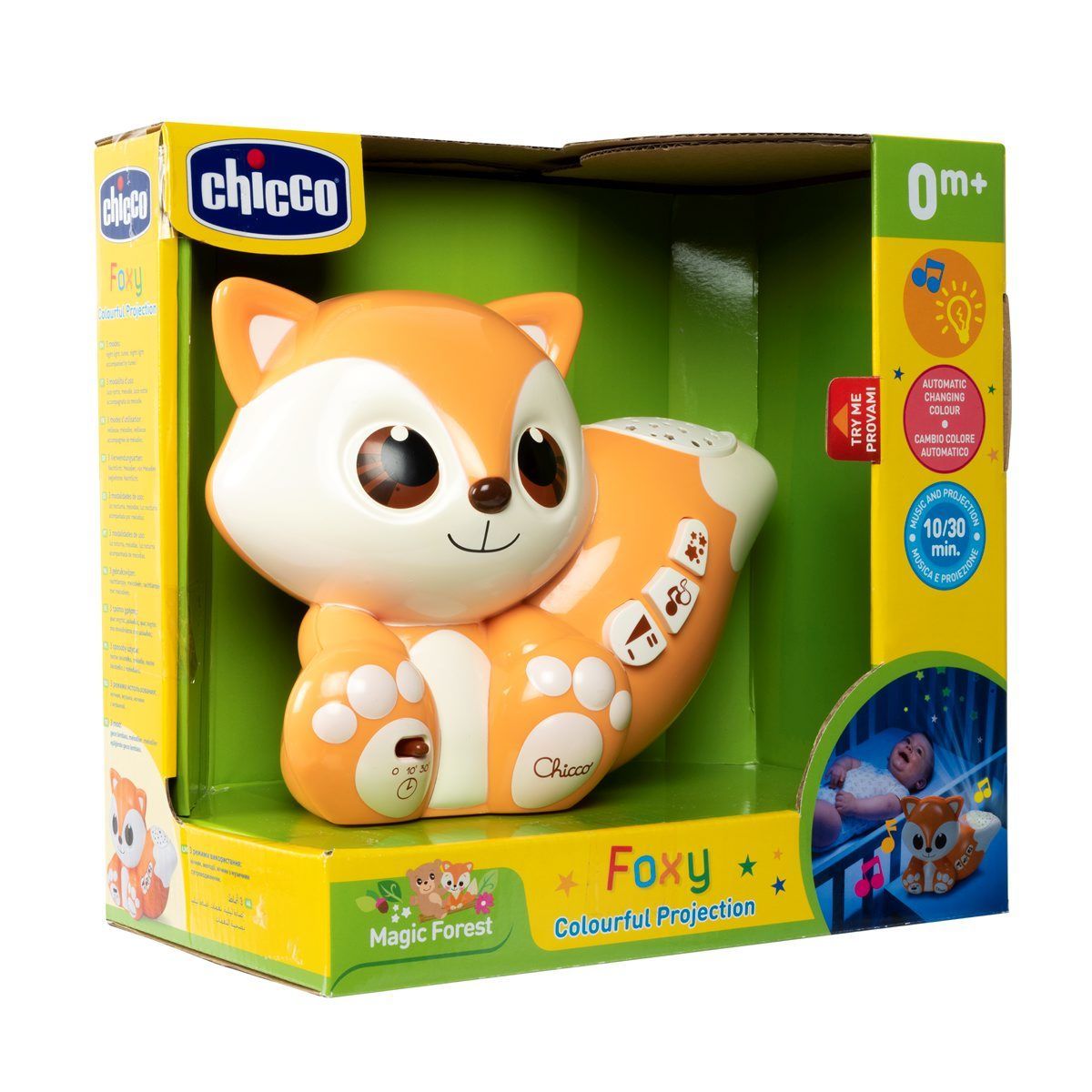 Jucarie Chicco 2 in 1 pentru carucior si lampa de veghe Vulpita Foxy, 0 luni+