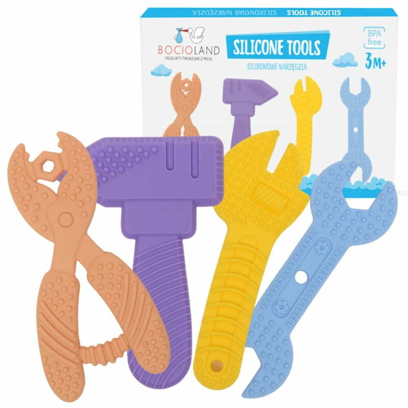 Jucarie de dentitie, Bocioland, In forma de unelte,4 piese, BPA Free, 0 luni+, Multicolor