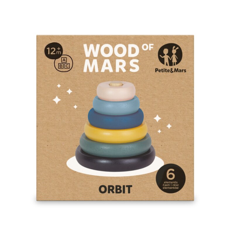 Jucarie de stivuire, Petite&Mars, Turn Orbit Wood of Mars, 10 cm, 36 luni+, Albastru/Multicolor