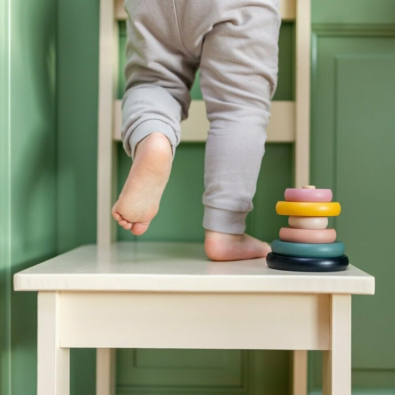 Jucarie de stivuire, Petite&Mars, Turn Orbit Wood of Mars, 10 cm, 36 luni+, Albastru/Multicolor