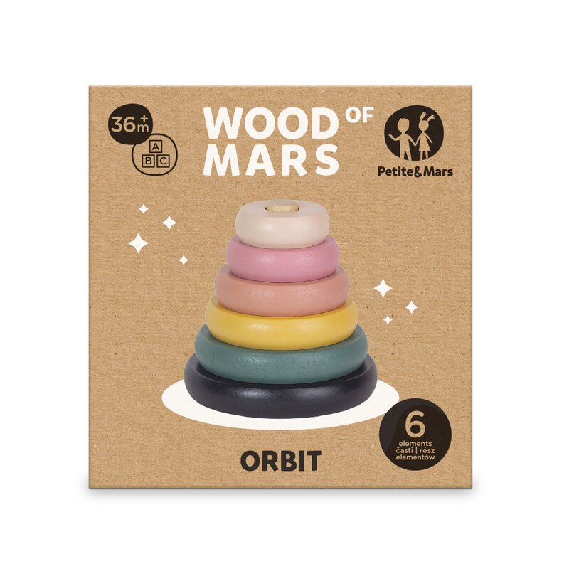 Jucarie de stivuire, Petite&Mars, Turn Orbit Wood of Mars, 10 cm, 36 luni+, Roz/Multicolor
