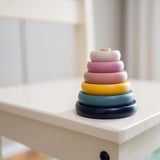 Jucarie de stivuire, Petite&Mars, Turn Orbit Wood of Mars, 10 cm, 36 luni+, Roz/Multicolor